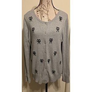 Ann Taylor LOFT Gray Cotton Cardigan Sweater Black Sequin Bows Large